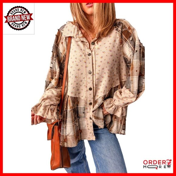 Tops - Waffle Knit Button Down Shacket Ruffled Sleeve Loose Fit Boho Floral Plaid